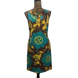 Taylor Dress 6 Brown Blue Yellow Silk Linen Retro Pockets Sleeveless Career